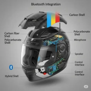 An illustration of various motorcycle helmet shell materials, such as carbon fiber and polycarbonate, showcasing how Bluetooth systems are integrated into each design.