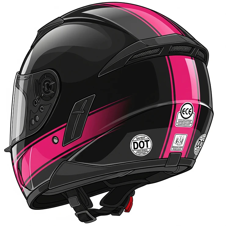 An illustration of a women's motorcycle helmet with visible safety certification stickers (e.g., DOT, ECE), highlighting its adherence to rigorous safety standards.