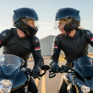 Two motorcyclists riding side-by-side, clearly communicating using their advanced motorcycle helmets with Bluetooth intercom systems