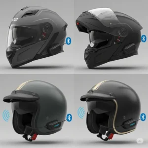 A motorcyclist safely receiving an incoming phone call through their hands-free motorcycle helmet with Bluetooth technology.