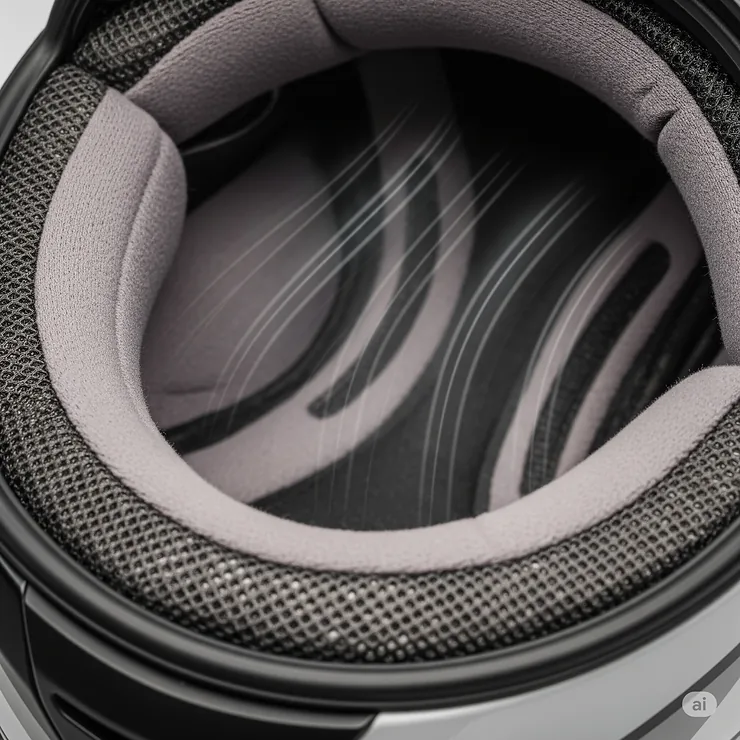 Detailed view of the comfortable and breathable interior padding and ventilation system of a women's motorcycle helmet, emphasizing rider comfort and safety.