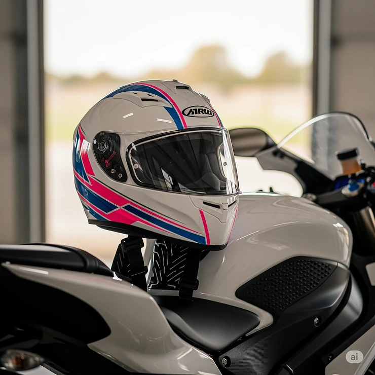 A durable women's motorcycle helmet resting securely on the seat of a parked motorcycle, symbolizing readiness for an exciting journey.