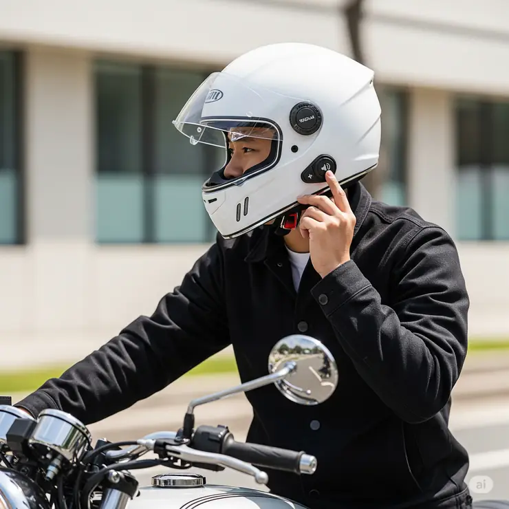A motorcyclist wearing a helmet with Bluetooth, adjusting volume controls on the side while riding, demonstrating ease of use.