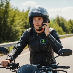 A collection of different motorcycle helmet styles – full-face, modular, and open-face – all equipped with integrated Bluetooth communication systems for diverse rider preferences.