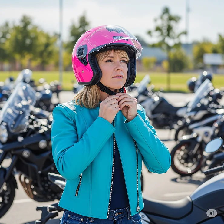 A woman carefully adjusting the secure chin strap of her women's motorcycle helmet, demonstrating the importance of a snug and safe fit.