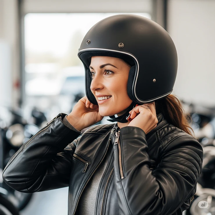 A woman with a confident smile gently putting on a lightweight women's motorcycle helmet, illustrating an easy and comfortable fit.
