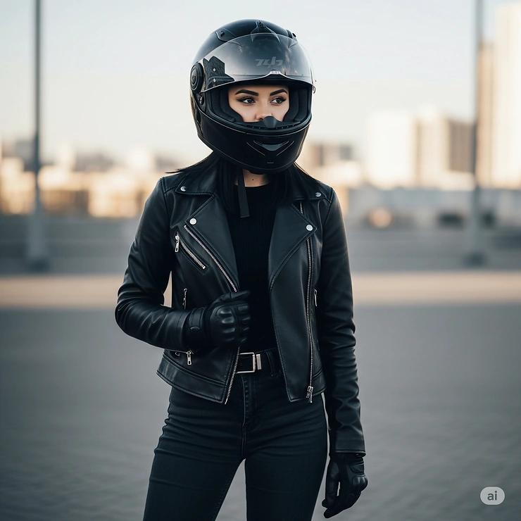 A stylish woman in a leather jacket confidently wearing a modern, well-ventilated women's motorcycle helmet with a clear visor, ready for a ride.
