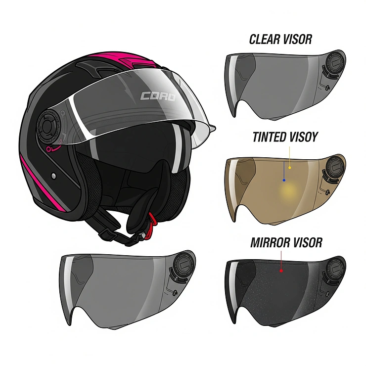 An illustration showcasing a women's motorcycle helmet with interchangeable visor options, including clear, tinted, and mirrored visors for various riding conditions.