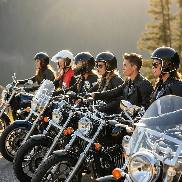 A diverse group of women motorcycle riders, each wearing different styles of women's motorcycle helmets, gathered before a scenic ride.