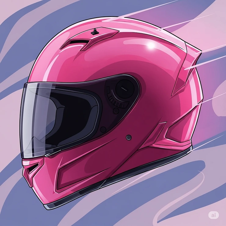 An artistic, abstract illustration of a pink moto helmet, emphasizing its sleek lines and dynamic shape.