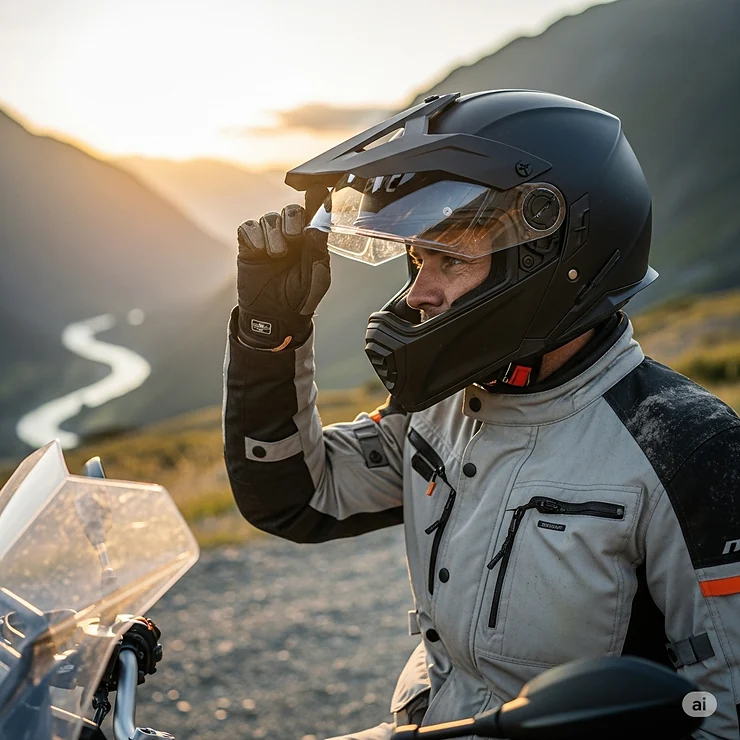 Motorcycle rider adjusting the clear visor on their adventure helmet, demonstrating ease of use for varying light conditions.