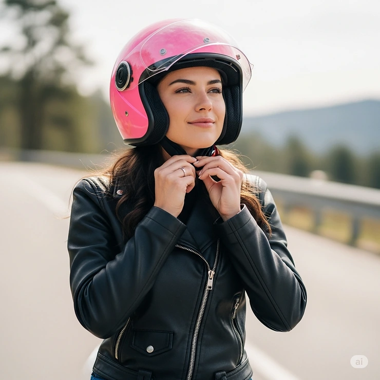 A motorcyclist adjusting their comfortable pink motorbike helmet, emphasizing a secure and proper fit.