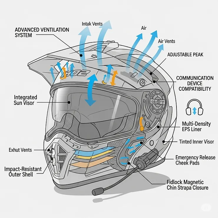 Diagram showcasing key features of an adventure motorcycle helmet such as advanced ventilation systems, communication device compatibility, and adjustable peak.