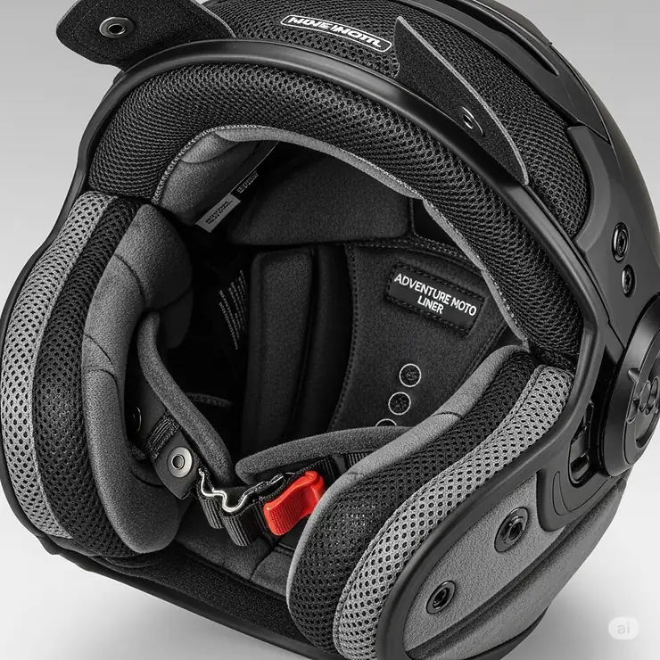Detailed view of the comfortable and removable interior padding and liner inside an adventure motorcycle helmet.