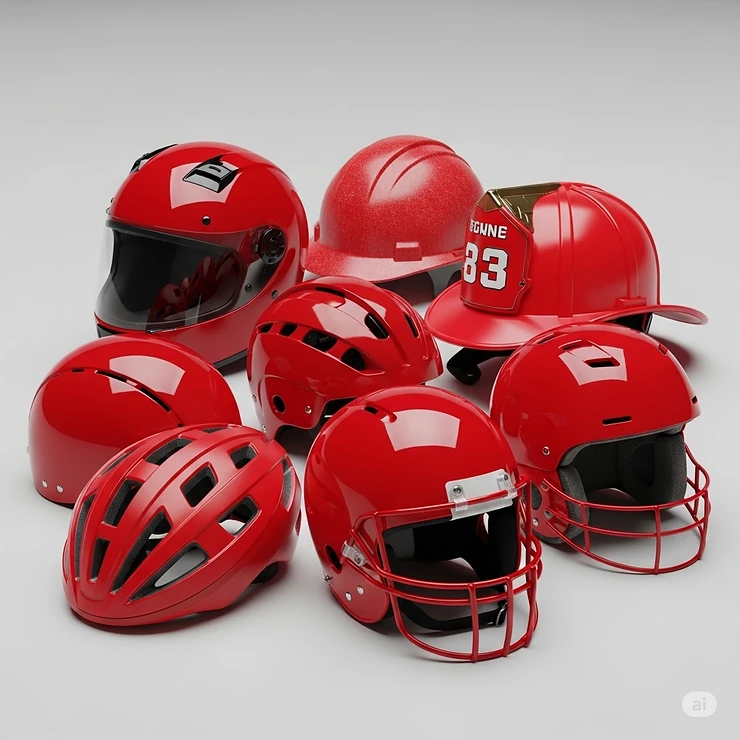 An assortment of red motorcycle helmets, including full-face, modular, and open-face styles, displaying a range of shades and designs.