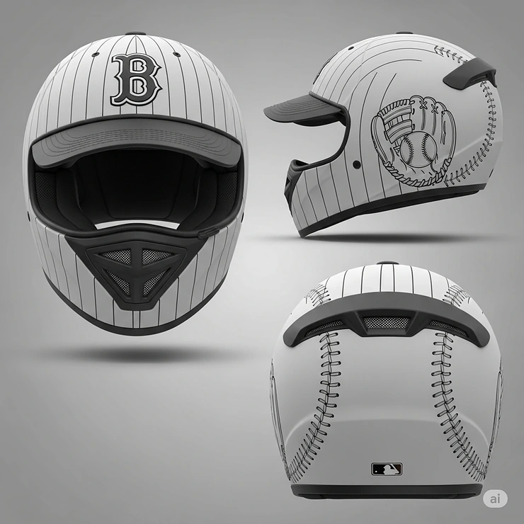 Multiple views of a baseball motorcycle helmet, highlighting its innovative design from the front, side, and rear for a comprehensive look.