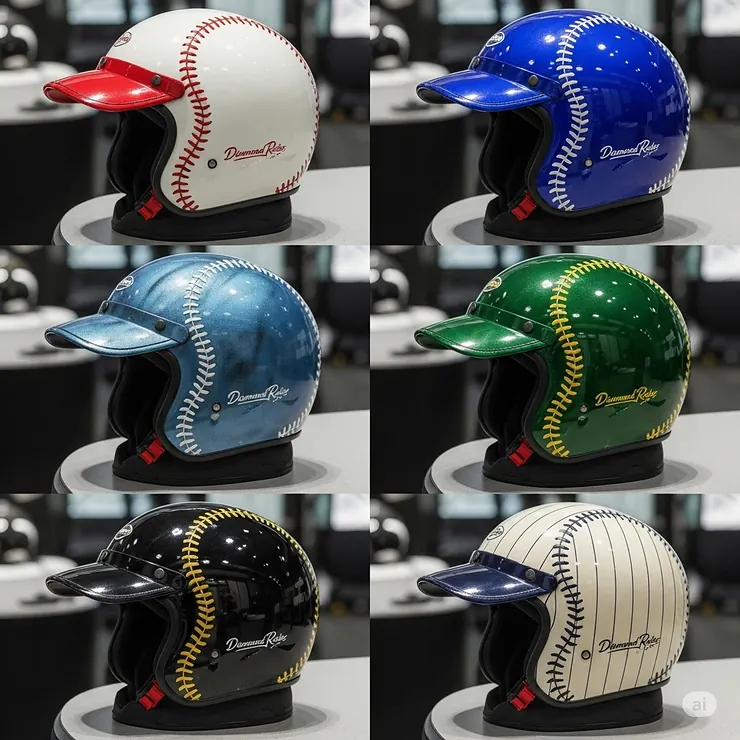A collection of baseball motorcycle helmets displayed in various color options, offering a range of choices for personal style.