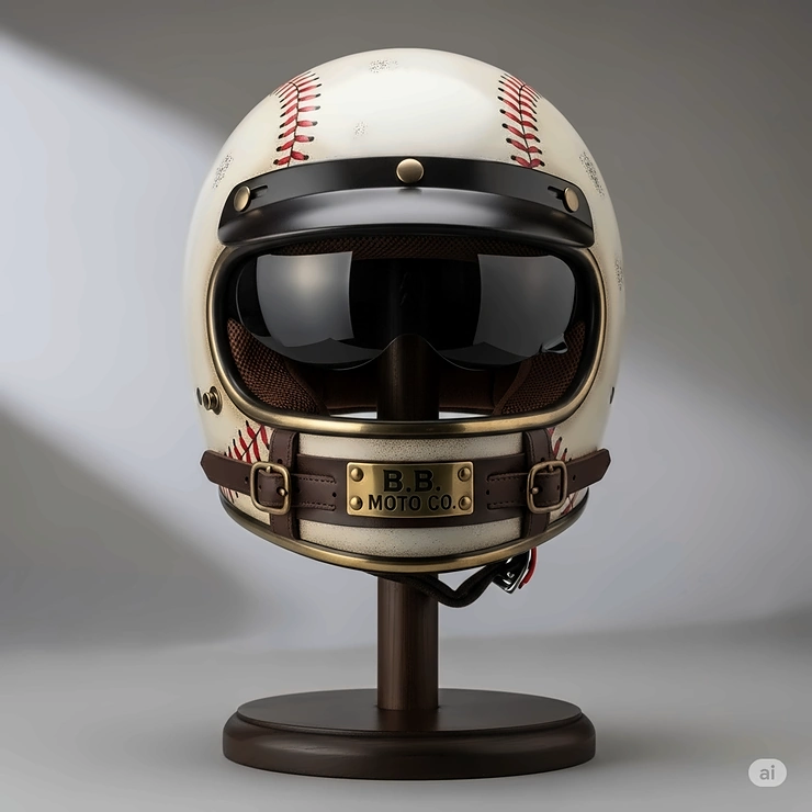A baseball motorcycle helmet elegantly displayed on a stand, highlighting its distinctive aesthetic and vintage-inspired design.