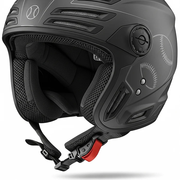 Detailed view of the advanced ventilation system and secure chin strap on a baseball motorcycle helmet, emphasizing comfort and safety features.