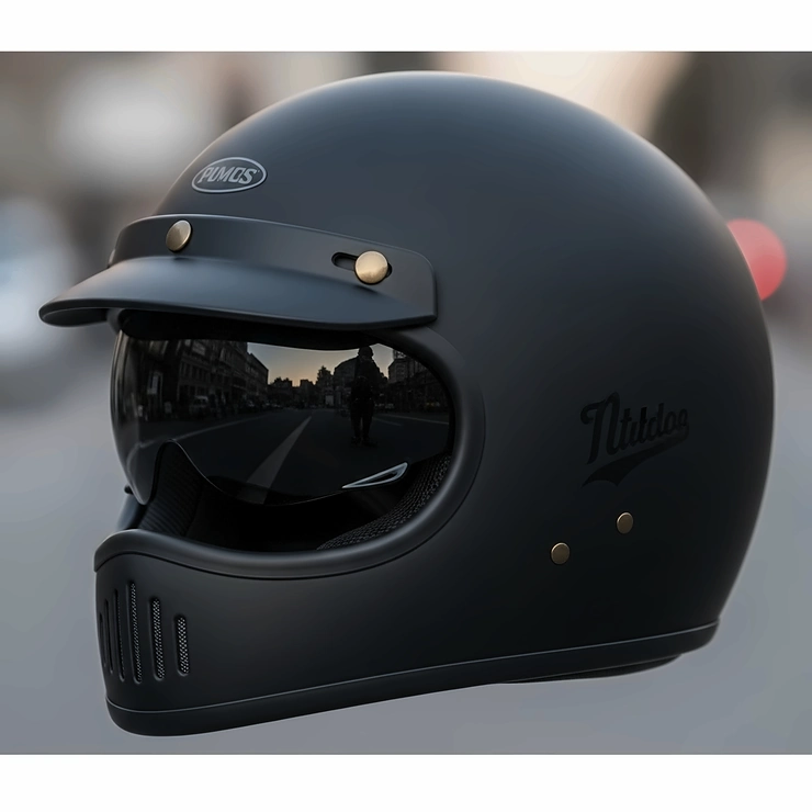 A close-up of a stylish baseball-style motorcycle helmet with a matte finish, designed for both safety and retro flair.