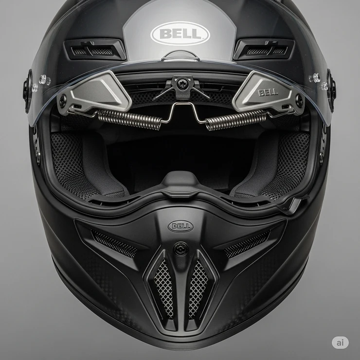Front view of a Bell full face helmet, highlighting the chin bar, visor mechanism, and ventilation ports.