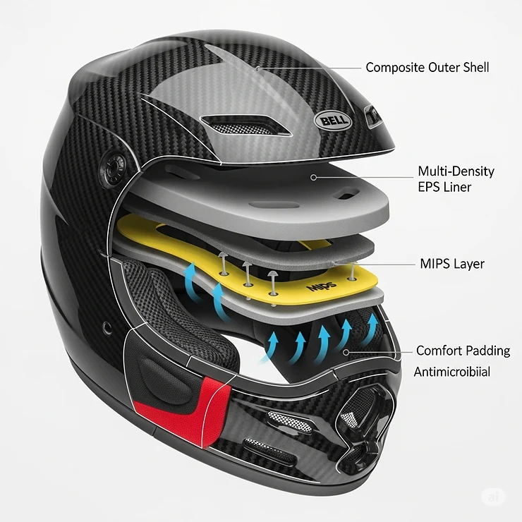 Graphic representation showcasing the multi-layered impact protection technology within a Bell full face helmet shell.
