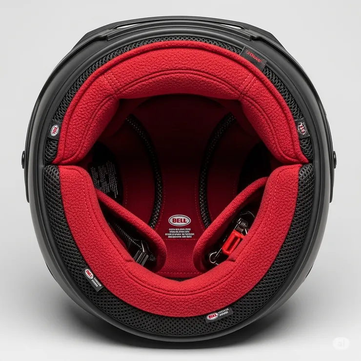 Close-up of the plush, removable interior padding and comfort liner inside a Bell full face helmet.