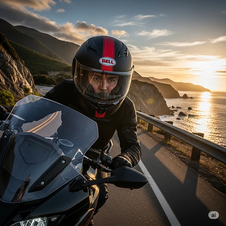 Bell full face helmet worn by a motorcyclist riding on a scenic road, showcasing its protective design and clear visor.