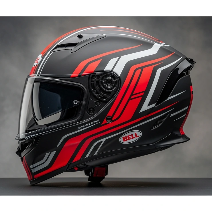 Side profile of a Bell full face helmet, showing its aerodynamic shape and graphic details.