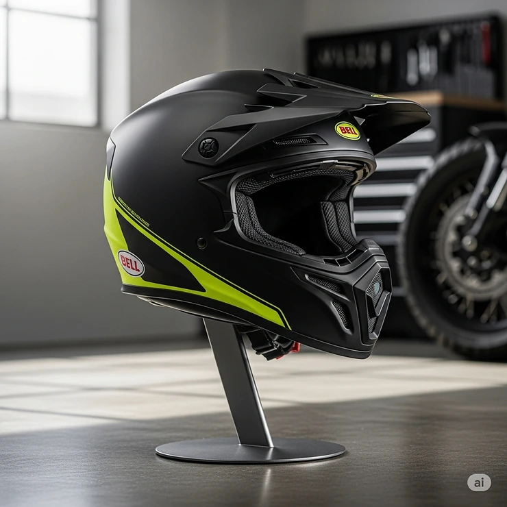 A Bell full face helmet displayed securely on a helmet stand, ready for use or storage.