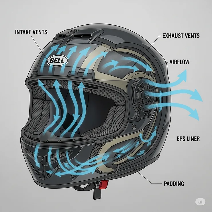 Diagram illustrating the airflow and ventilation system of a Bell full face helmet, highlighting intake and exhaust vents.