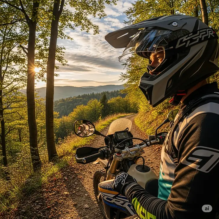 A rider wearing a modern, well-ventilated best dual sport helmet with a clear visor and peak, stopped on a scenic off-road trail.