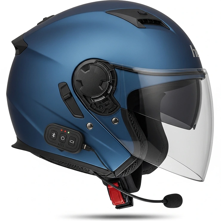 A modern blue motorcycle helmet equipped with an integrated Bluetooth communication system, perfect for hands-free calls and music on the go.