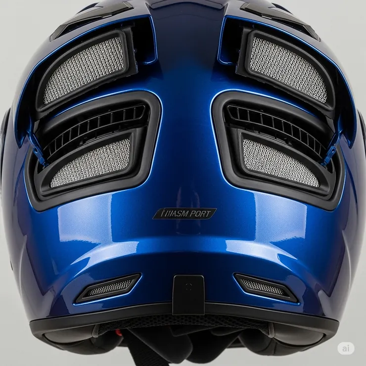Detailed view of the advanced ventilation system on a blue motorcycle helmet, highlighting air vents and exhaust ports for rider comfort.