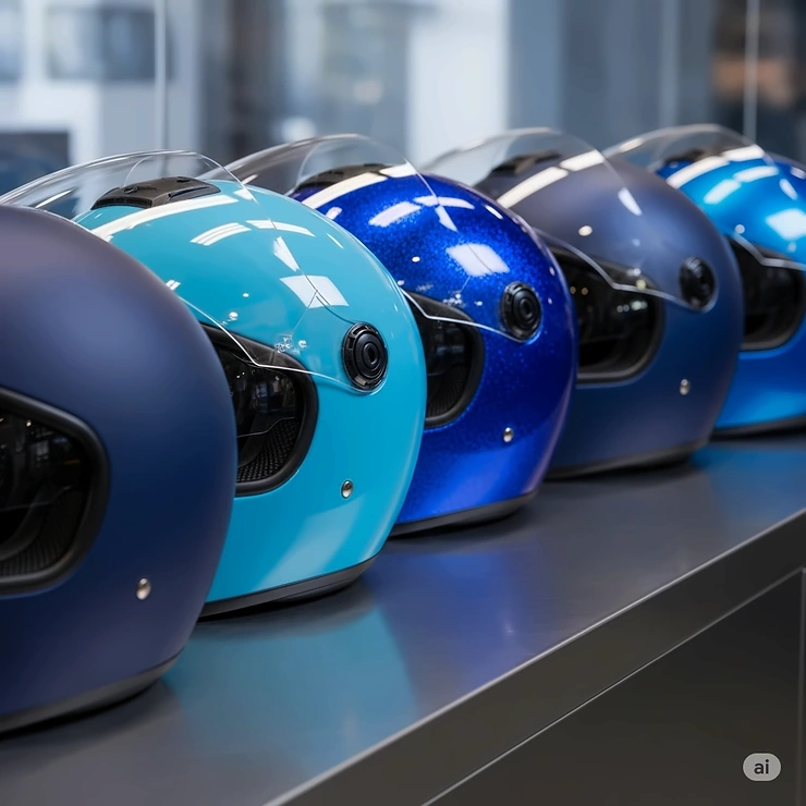 A collection of blue motorcycle helmets showcasing various shades and finishes, including matte, glossy, and metallic options to suit individual styles.