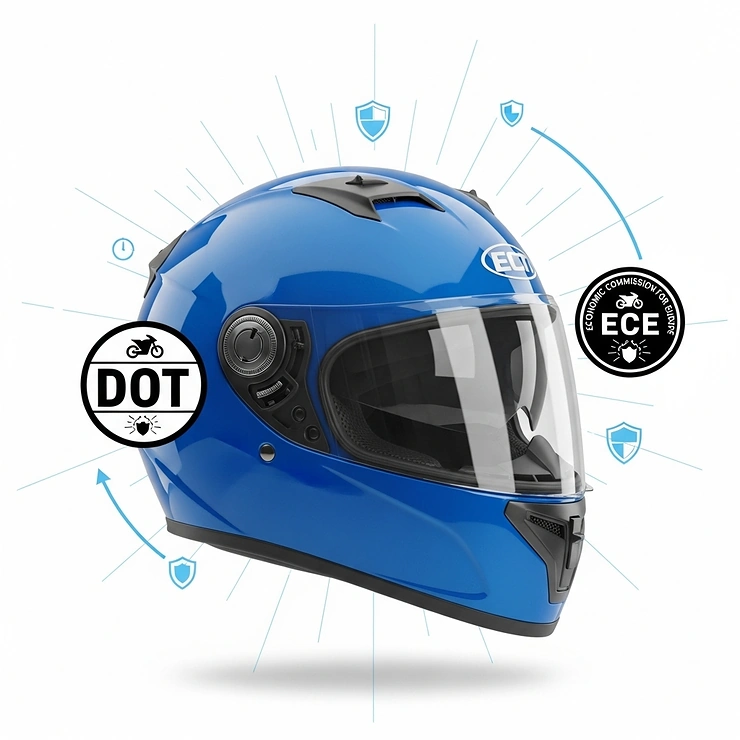 Infographic illustrating a blue motorcycle helmet with badges signifying DOT and ECE safety certifications, emphasizing its protective qualities.