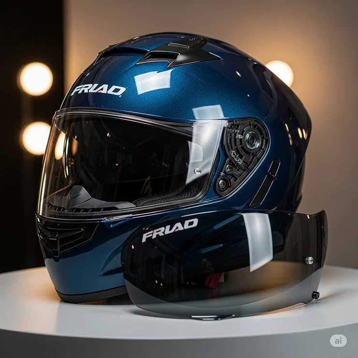 A blue motorcycle helmet displayed with both clear and tinted visor options, demonstrating versatility for various lighting conditions.