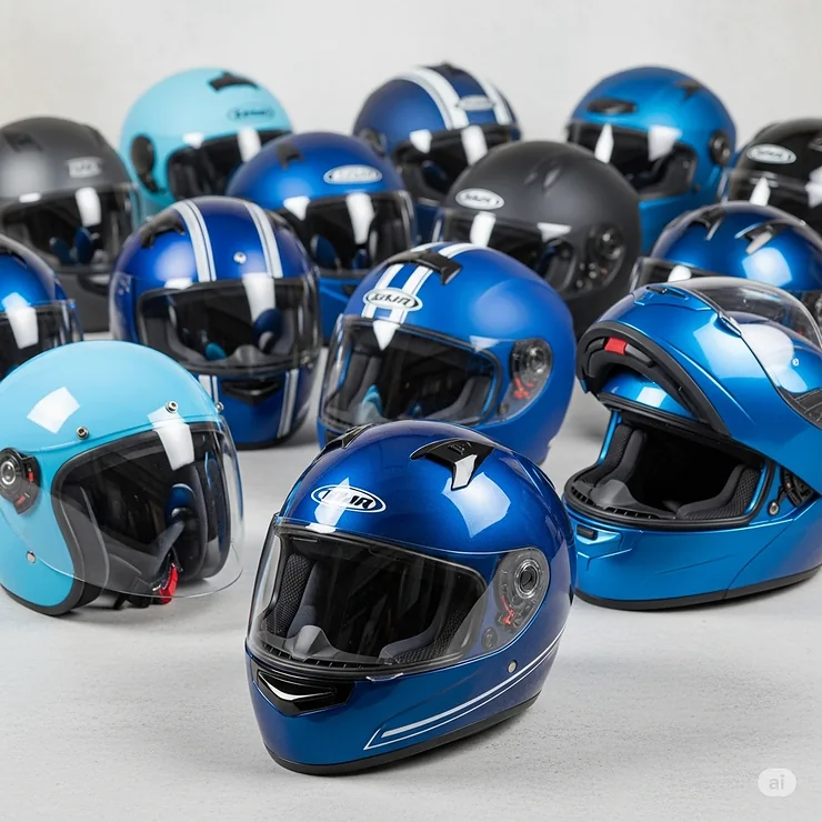 An array of diverse blue motorcycle helmets, showcasing full-face, open-face, and modular designs for different riding preferences.