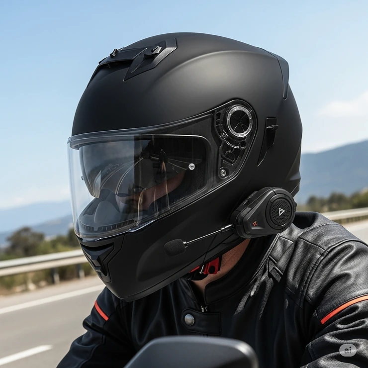 Rider wearing a sleek black Bluetooth full face helmet, showcasing integrated communication system for safe and connected journeys.