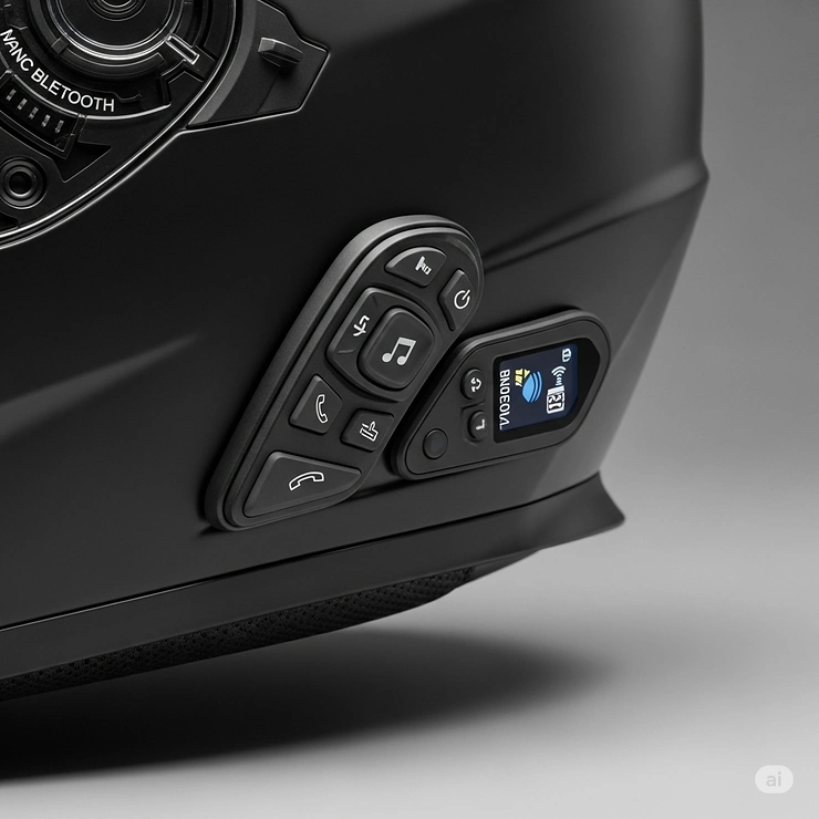 Detailed view of the intuitive control panel on a full face motorcycle helmet, highlighting the integrated Bluetooth system for easy operation.