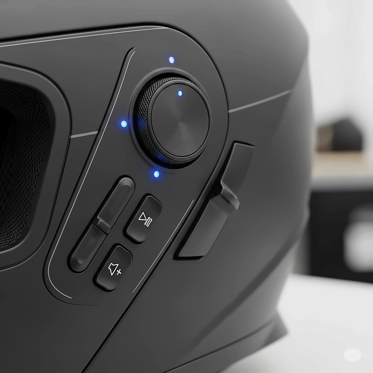 Detailed view of the intuitive button controls on a Bluetooth helmet, showcasing easy access for managing calls, music, and GPS navigation.