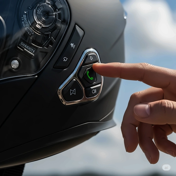 Close-up of a rider's hand easily operating the intuitive controls on a Bluetooth full face helmet for music and calls.