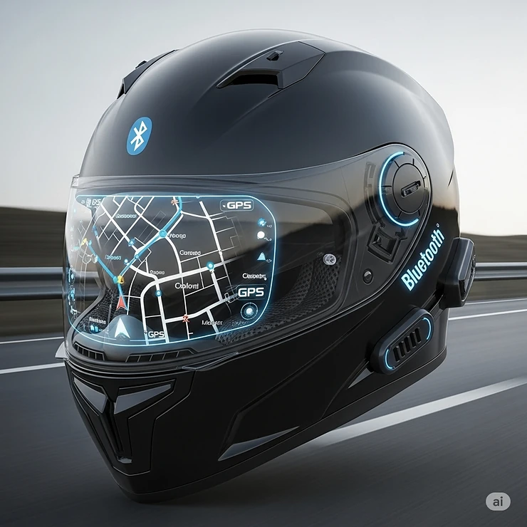 Concept image of a Bluetooth full face helmet with a transparent visor displaying integrated GPS navigation for clear directions.