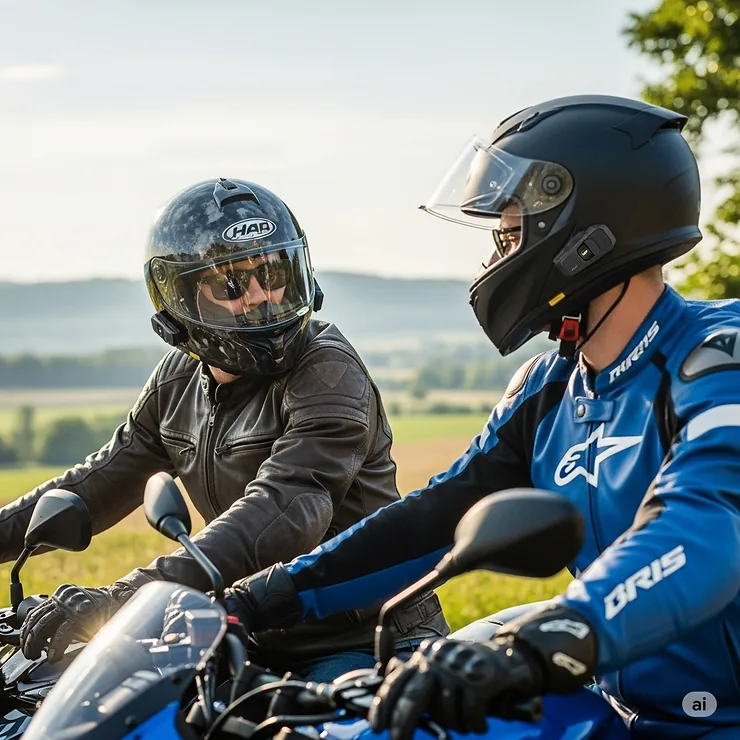 Two motorcyclists communicating clearly with each other using the intercom function of their full face Bluetooth helmets.