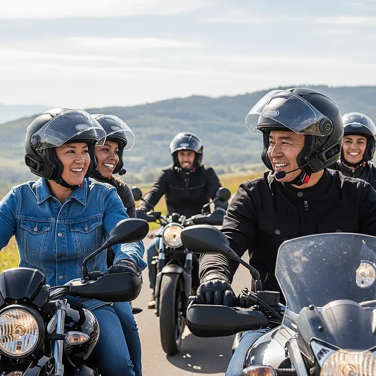Group of motorcyclists communicating effortlessly using their Bluetooth full face helmets' intercom function for enhanced group rides.