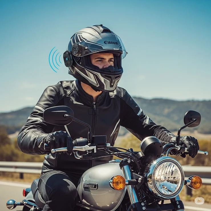 Motorcycle rider enjoying music streaming through a full face helmet with advanced Bluetooth audio capabilities.