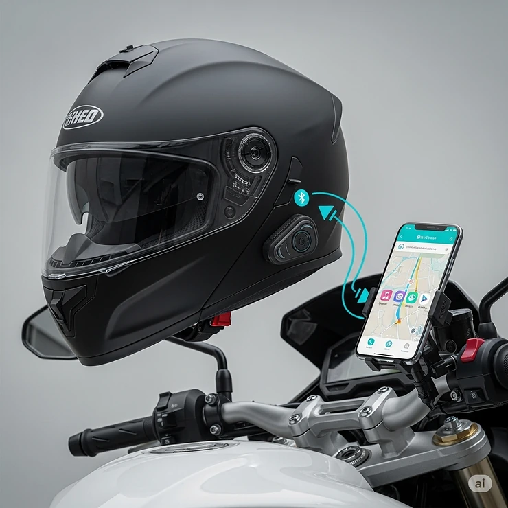Full face motorcycle helmet wirelessly connected to a smartphone, showcasing seamless Bluetooth pairing for calls, music, and navigation.