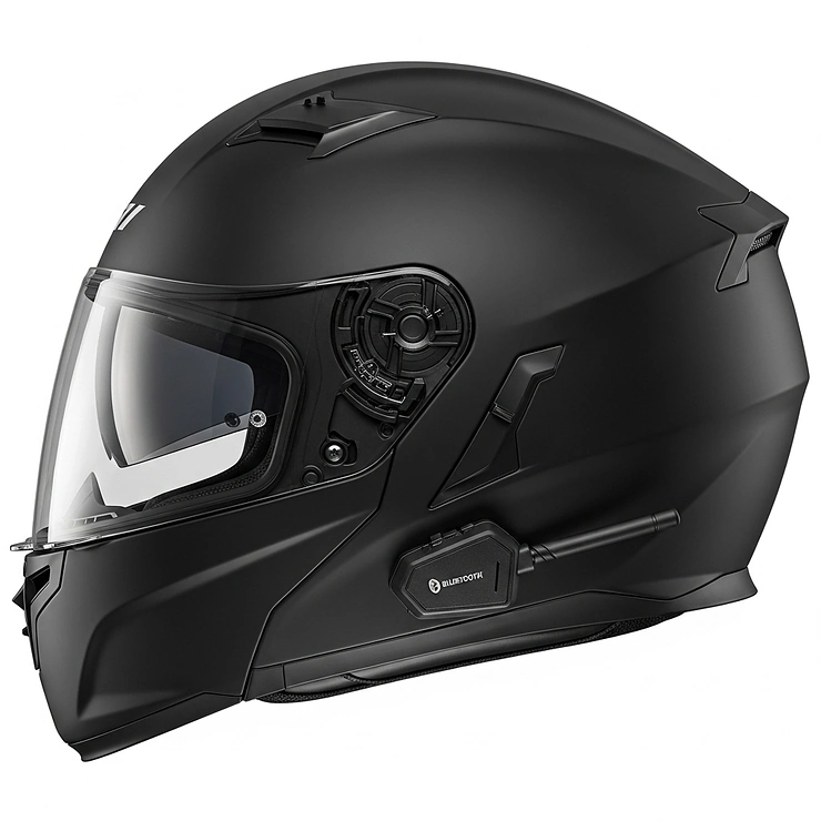 Side view of a Bluetooth full face helmet, highlighting the discreetly integrated communication module for wireless connectivity.