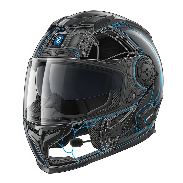 Cross-section view of a Bluetooth full face helmet, emphasizing its advanced safety features combined with integrated communication technology.