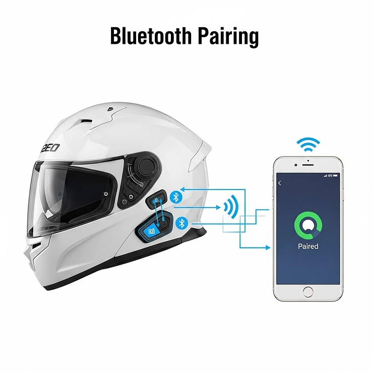 Diagram showing a Bluetooth full face helmet wirelessly connecting to a smartphone, illustrating easy pairing for seamless integration.